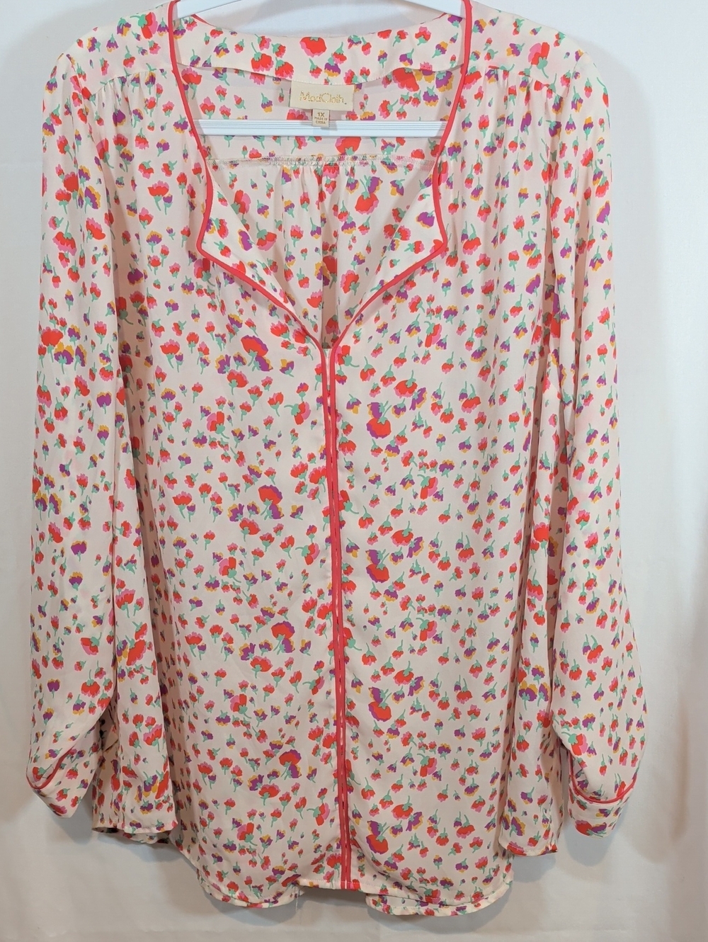 ModCloth Cream Blouse with Red, Pink and Green Floral Print
